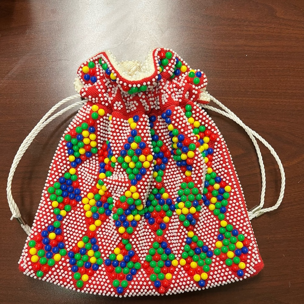 Vintage Candy Beaded Cinch Purse Reversible Drawstring Red Boho